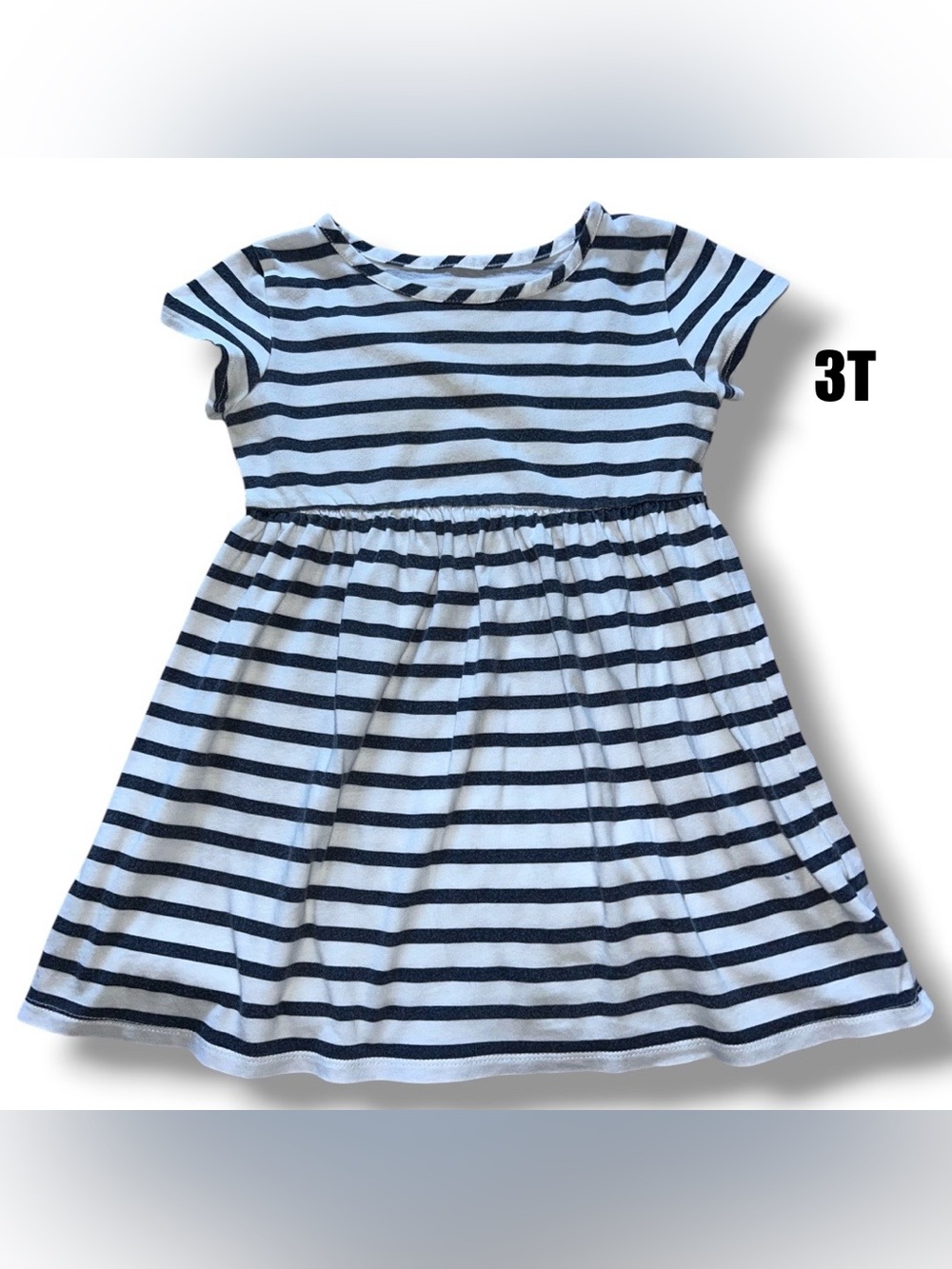Girls Navy & White Striped Short Sleeve Cotton Dress size 3T